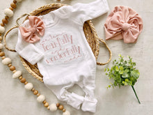 Load image into Gallery viewer, Personalized white romper with handmade bow hat custom gender neutral coming home outfit baby shower gift fearfully wonderfully made