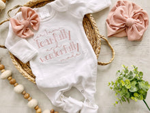 Load image into Gallery viewer, Personalized white romper with handmade bow hat custom gender neutral coming home outfit baby shower gift fearfully wonderfully made