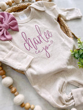 Load image into Gallery viewer, Personalized oatmeal romper with bow, custom girl coming home outfit baby shower gift custom baby name outfit handmade bow, newborn pictures