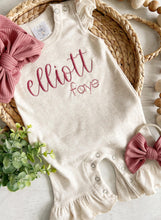 Load image into Gallery viewer, Personalized baby girl romper, vintage floral infant coming home outfit, baby shower gift, newborn outfit ruffle flutter, custom name