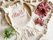 Load image into Gallery viewer, Personalized baby girl romper, vintage floral infant coming home outfit, baby shower gift, newborn outfit ruffle flutter, custom name