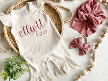 Load image into Gallery viewer, Personalized baby girl romper, vintage floral infant coming home outfit, baby shower gift, newborn outfit ruffle flutter, custom name