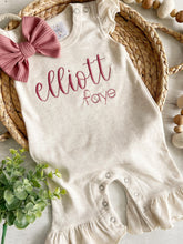Load image into Gallery viewer, Personalized baby girl romper, vintage floral infant coming home outfit, baby shower gift, newborn outfit ruffle flutter, custom name