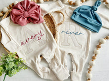 Load image into Gallery viewer, twin coming home outfit for baby boy and baby girl personalized name pink blue custom baby shower gift for twins