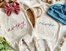 Load image into Gallery viewer, Boy girl twin coming home outfits, oatmeal footed sleeper, pink, blue, twin baby outfit, baby shower gift, minimalist baby, romper outfit
