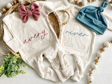 Load image into Gallery viewer, Boy girl twin coming home outfits, oatmeal footed sleeper, pink, blue, twin baby outfit, baby shower gift, minimalist baby, romper outfit
