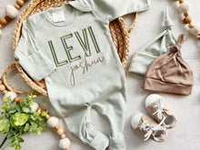 Load image into Gallery viewer, Personalized green and taupe newborn outfit, coming home outfit for baby boy, baby boy outfit, hospital outfit for boy, baby boy romper