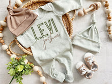 Load image into Gallery viewer, Personalized green and taupe newborn outfit, coming home outfit for baby boy, baby boy outfit, hospital outfit for boy, baby boy romper