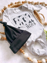 Load image into Gallery viewer, Personalized romper baby boy outfit and hat set, custom boy coming home outfit baby outfit, baby shower gift, sleeper with footies cowprint