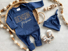 Load image into Gallery viewer, Personalized navy, blue, and beige newborn outfit, coming home outfit for baby boy, baby boy outfit, hospital outfit for boy