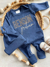 Load image into Gallery viewer, Personalized navy, blue, and beige newborn outfit, coming home outfit for baby boy, baby boy outfit, hospital outfit for boy
