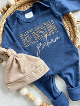 Load image into Gallery viewer, Personalized navy, blue, and beige newborn outfit, coming home outfit for baby boy, baby boy outfit, hospital outfit for boy