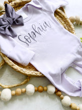 Load image into Gallery viewer, Personalized oatmeal romper with bow, custom girl coming home outfit baby shower gift custom baby name outfit handmade bow, newborn pictures
