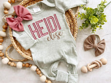Load image into Gallery viewer, Personalized oatmeal and vintage mauve romper with bow or turban, custom girl coming home outfit, baby shower gift