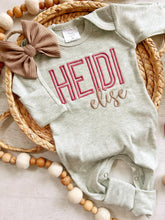 Load image into Gallery viewer, Personalized oatmeal and vintage mauve romper with bow or turban, custom girl coming home outfit, baby shower gift