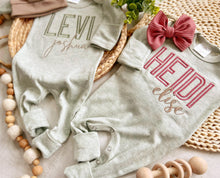 Load image into Gallery viewer, Boy girl twin coming home outfits, green footed sleeper, pink, sage twin baby outfit, baby shower gift, minimalist baby, romper outfit