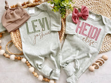 Load image into Gallery viewer, Boy girl twin coming home outfits, green footed sleeper, pink, sage twin baby outfit, baby shower gift, minimalist baby, romper outfit