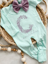 Load image into Gallery viewer, Personalized mint baby romper and hat set, custom name coming home outfit, floral letter baby girl outfit, baby shower gift, neutral aqua