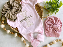 Load image into Gallery viewer, Personalized baby girl romper and hat set, vintage floral infant coming home outfit, baby shower gift, sleeper with footies, custom name