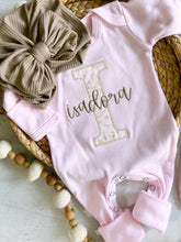 Load image into Gallery viewer, Personalized baby girl romper and hat set, vintage floral infant coming home outfit, baby shower gift, sleeper with footies, custom name