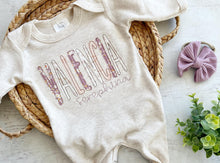 Load image into Gallery viewer, Personalized baby girl romper and bow, pink infant girl coming home outfit, custom name, baby shower gift, sleeper with footies, purple