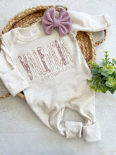 Load image into Gallery viewer, Personalized baby girl romper and bow, pink infant girl coming home outfit, custom name, baby shower gift, sleeper with footies, purple