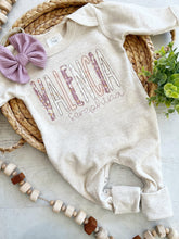 Load image into Gallery viewer, Personalized baby girl romper and bow, pink infant girl coming home outfit, custom name, baby shower gift, sleeper with footies, purple