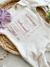 Load image into Gallery viewer, Personalized baby girl romper and bow, pink infant girl coming home outfit, custom name, baby shower gift, sleeper with footies, purple
