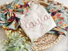 Load image into Gallery viewer, Vintage floral baby girl outfit with bummies, cottagecore baby girl outfit, personalized baby outfit with bows, sage, tropical floral