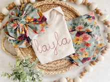 Load image into Gallery viewer, Vintage floral baby girl outfit with bummies, cottagecore baby girl outfit, personalized baby outfit with bows, sage, tropical floral