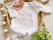 Load image into Gallery viewer, Personalized white romper with handmade bow hat custom gender neutral coming home outfit baby shower gift fearfully wonderfully made