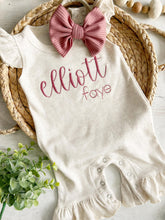 Load image into Gallery viewer, Personalized baby girl romper, vintage floral infant coming home outfit, baby shower gift, newborn outfit ruffle flutter, custom name