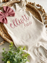 Load image into Gallery viewer, Personalized baby girl romper, vintage floral infant coming home outfit, baby shower gift, newborn outfit ruffle flutter, custom name