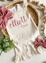 Load image into Gallery viewer, Personalized baby girl romper, vintage floral infant coming home outfit, baby shower gift, newborn outfit ruffle flutter, custom name