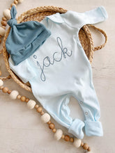 Load image into Gallery viewer, Personalized oatmeal and sage vintage stitch romper with hat, custom baby boy coming home outfit, baby shower gift