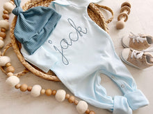 Load image into Gallery viewer, Personalized oatmeal and sage vintage stitch romper with hat, custom baby boy coming home outfit, baby shower gift