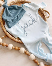 Load image into Gallery viewer, Personalized oatmeal and sage vintage stitch romper with hat, custom baby boy coming home outfit, baby shower gift