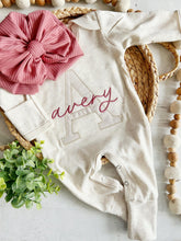 Load image into Gallery viewer, Personalized baby girl romper and hat set, vintage floral infant coming home outfit, baby shower gift, sleeper with footies, custom name