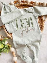 Load image into Gallery viewer, Personalized green and taupe newborn outfit, coming home outfit for baby boy, baby boy outfit, hospital outfit for boy, baby boy romper