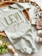 Load image into Gallery viewer, Personalized green and taupe newborn outfit, coming home outfit for baby boy, baby boy outfit, hospital outfit for boy, baby boy romper