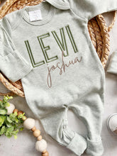 Load image into Gallery viewer, Personalized green and taupe newborn outfit, coming home outfit for baby boy, baby boy outfit, hospital outfit for boy, baby boy romper