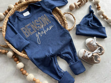 Load image into Gallery viewer, Personalized navy, blue, and beige newborn outfit, coming home outfit for baby boy, baby boy outfit, hospital outfit for boy