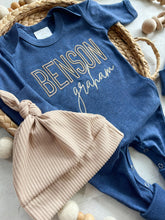 Load image into Gallery viewer, Personalized navy, blue, and beige newborn outfit, coming home outfit for baby boy, baby boy outfit, hospital outfit for boy
