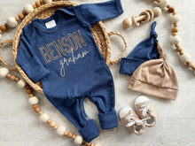 Load image into Gallery viewer, Personalized navy, blue, and beige newborn outfit, coming home outfit for baby boy, baby boy outfit, hospital outfit for boy