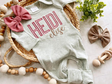 Load image into Gallery viewer, Personalized oatmeal and vintage mauve romper with bow or turban, custom girl coming home outfit, baby shower gift