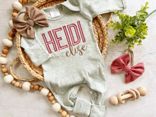 Load image into Gallery viewer, Personalized oatmeal and vintage mauve romper with bow or turban, custom girl coming home outfit, baby shower gift
