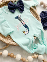 Load image into Gallery viewer, Personalized baby girl romper and hat set, vintage floral infant coming home outfit, baby shower gift, sleeper with footies, custom name