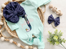 Load image into Gallery viewer, Personalized baby girl romper and hat set, vintage floral infant coming home outfit, baby shower gift, sleeper with footies, custom name
