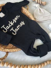 Load image into Gallery viewer, Personalized black baby romper and hat set, custom coming home outfit, sketch stitch boys outfit, baby shower gift, neutral beige
