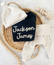 Load image into Gallery viewer, Personalized black and beige newborn outfit, custom name boy, coming home outfit for baby boy, baby boy outfit, hospital outfit for boy